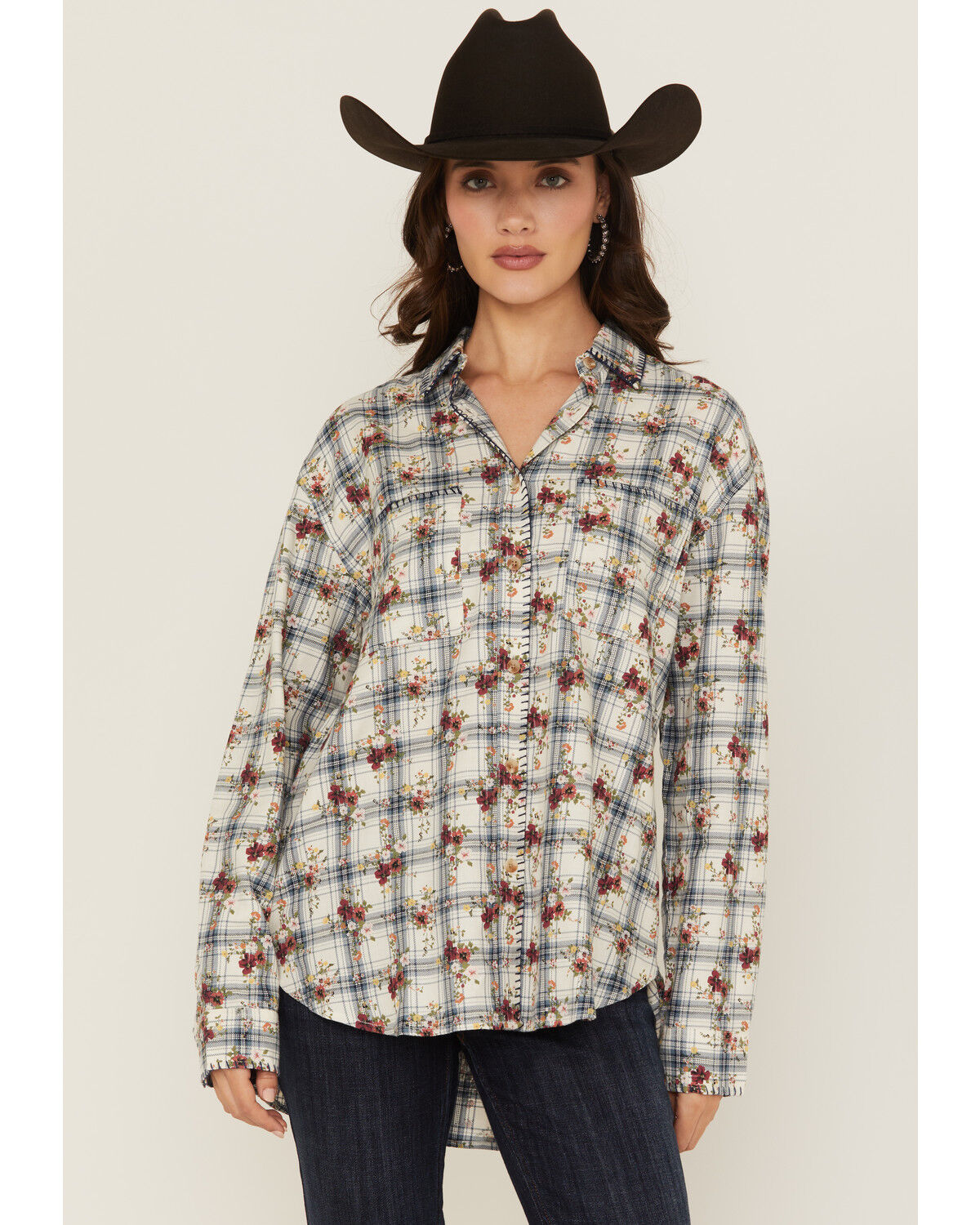 Evergreen Women's Floral Plaid Print Long Sleeve Button-Down Western Shirt