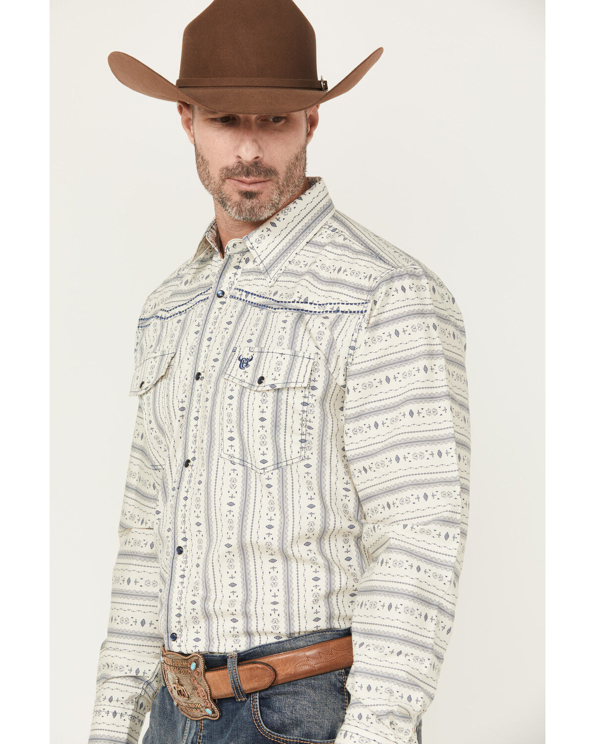 Cowboy Hardware Men's Southwestern Striped Print Long Sleeve Snap Stretch Western Shirt