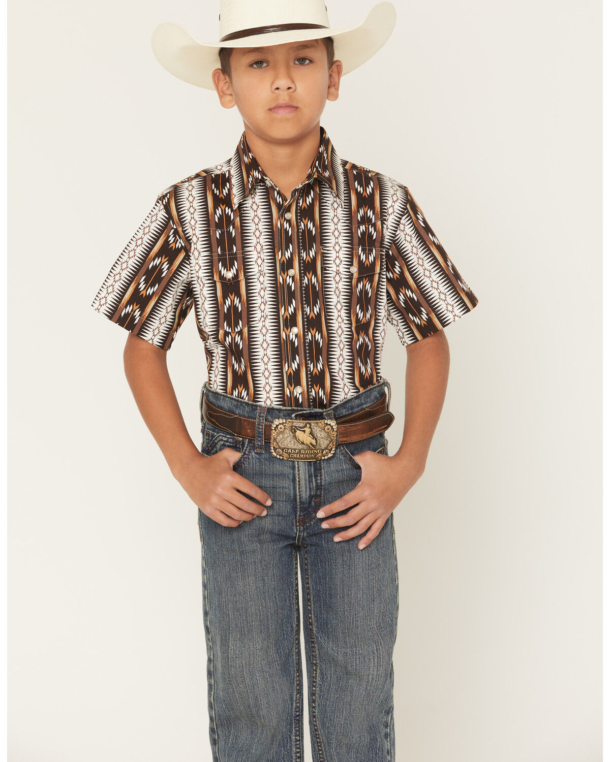 Wrangler Boys' Checotah Southwestern Striped Short Sleeve Pearl Snap Western Shirt