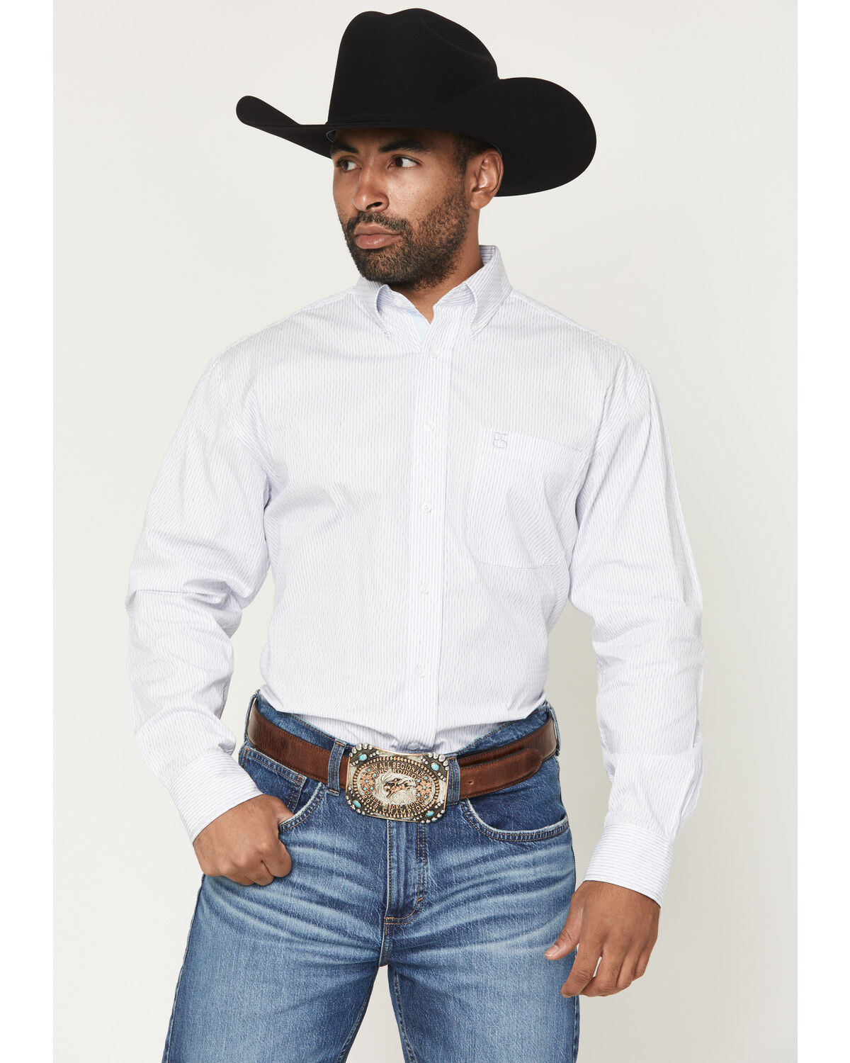 Panhandle Slim Men's Dobby Striped Long Sleeve Button-Down Western Shirt