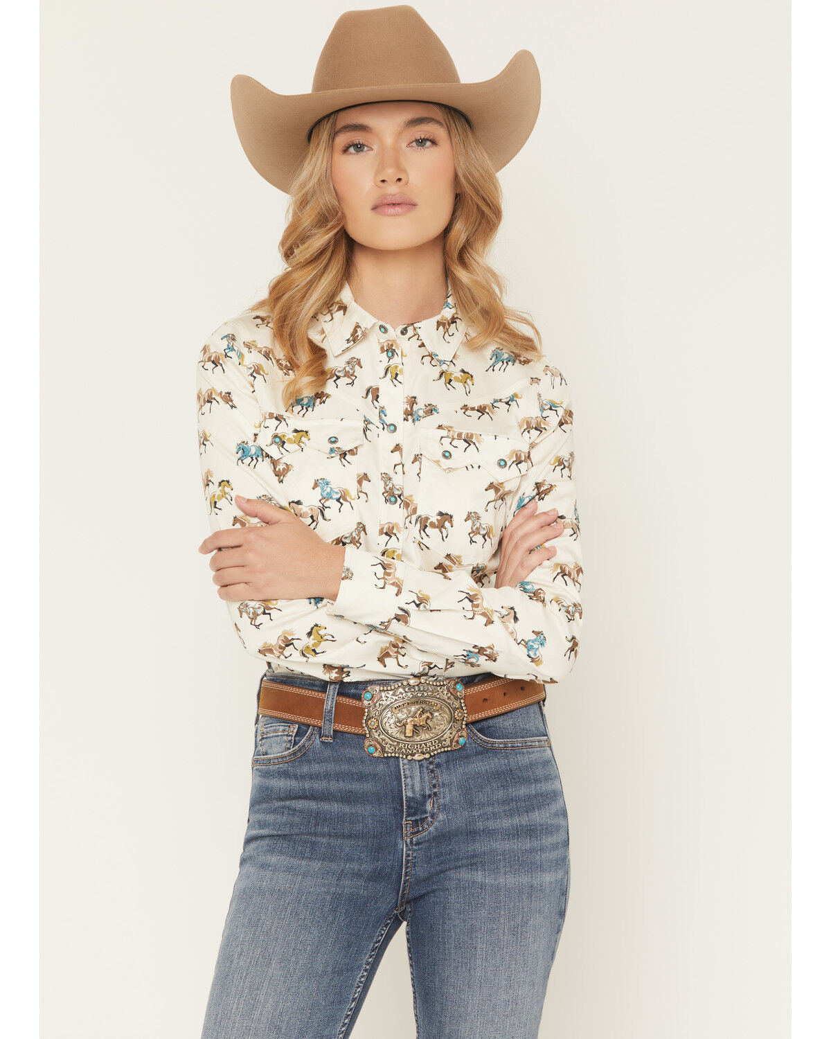 Shyanne Women's Horse Print Long Sleeve Snap Stretch Western Shirt