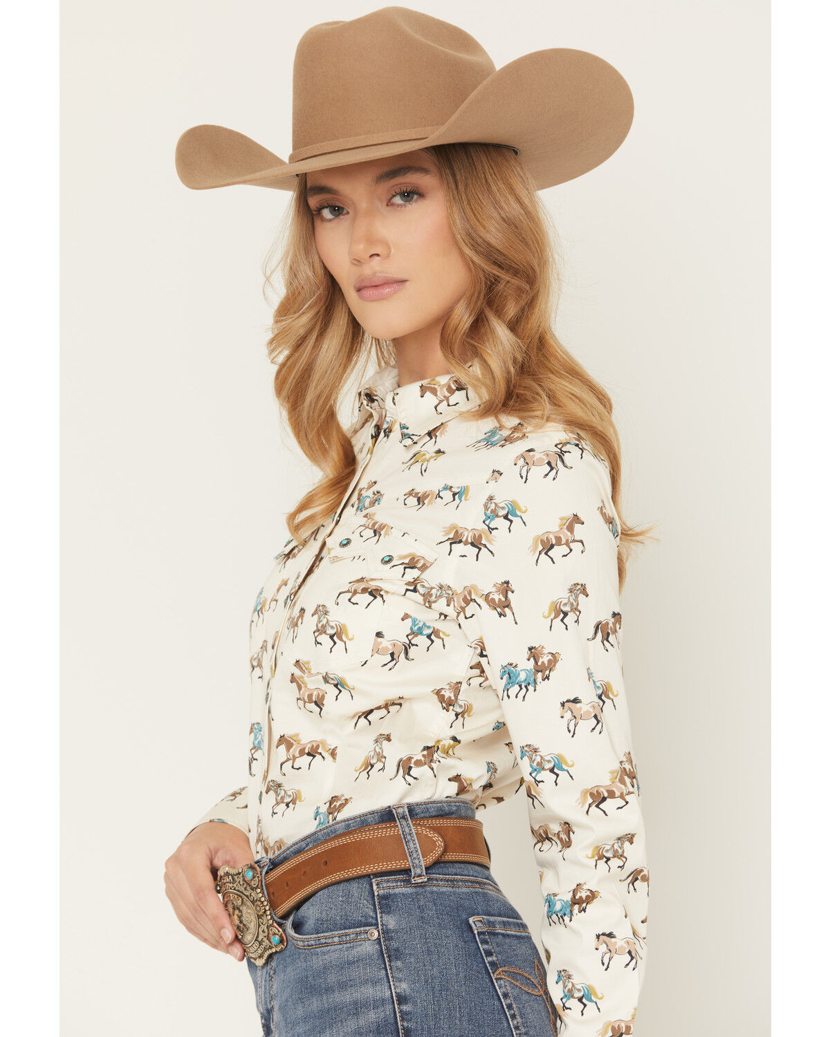 Shyanne Women's Horse Print Long Sleeve Snap Stretch Western Shirt