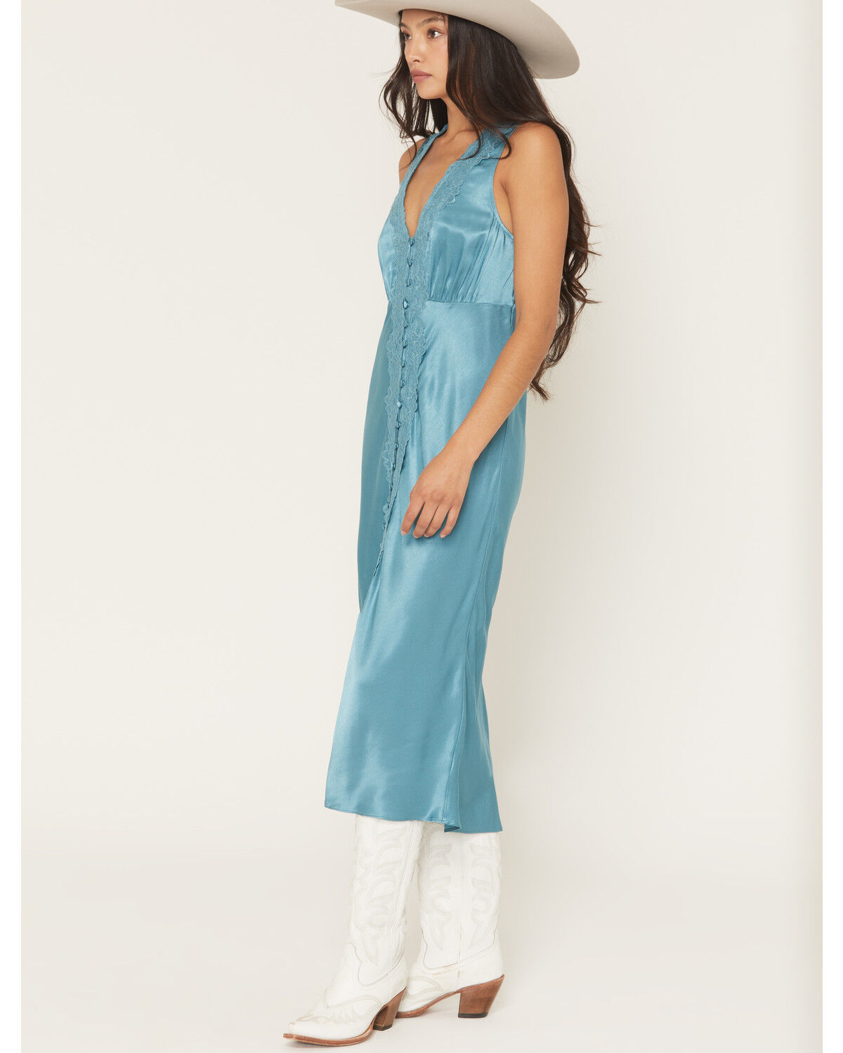 Shyanne Women's Satin Lace Trim Sleeveless Button-Down Midi Dress