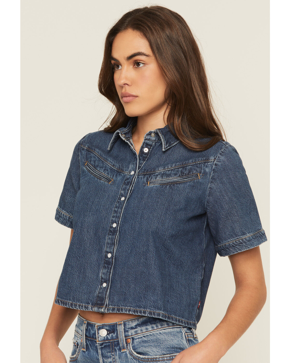 Levi's Women's Dark Wash Rinoa Camp Short Sleeve Snap Denim Shirt
