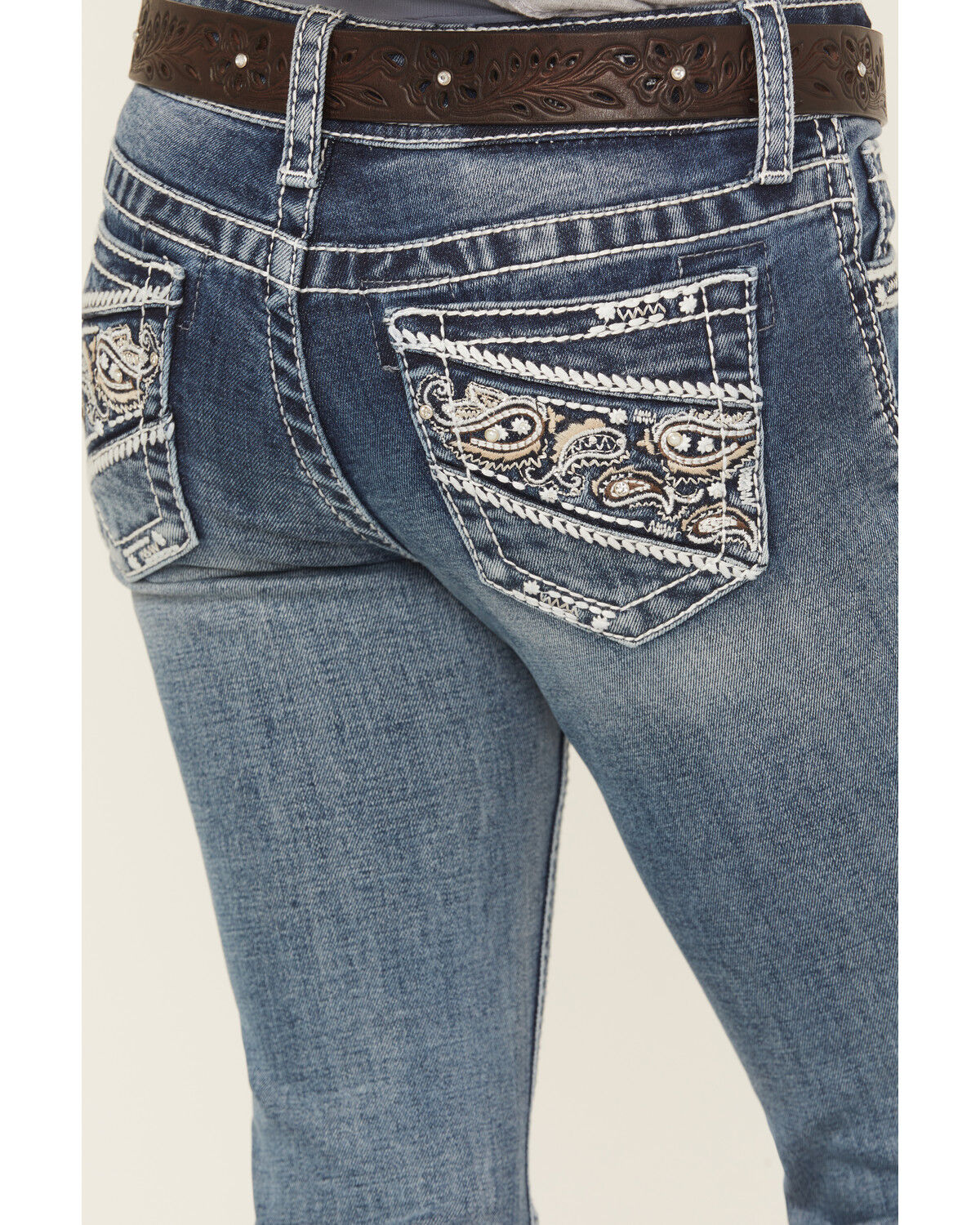 Grace in LA Girls' Medium Wash Paisley Pocket Bootcut Stretch Denim Jeans