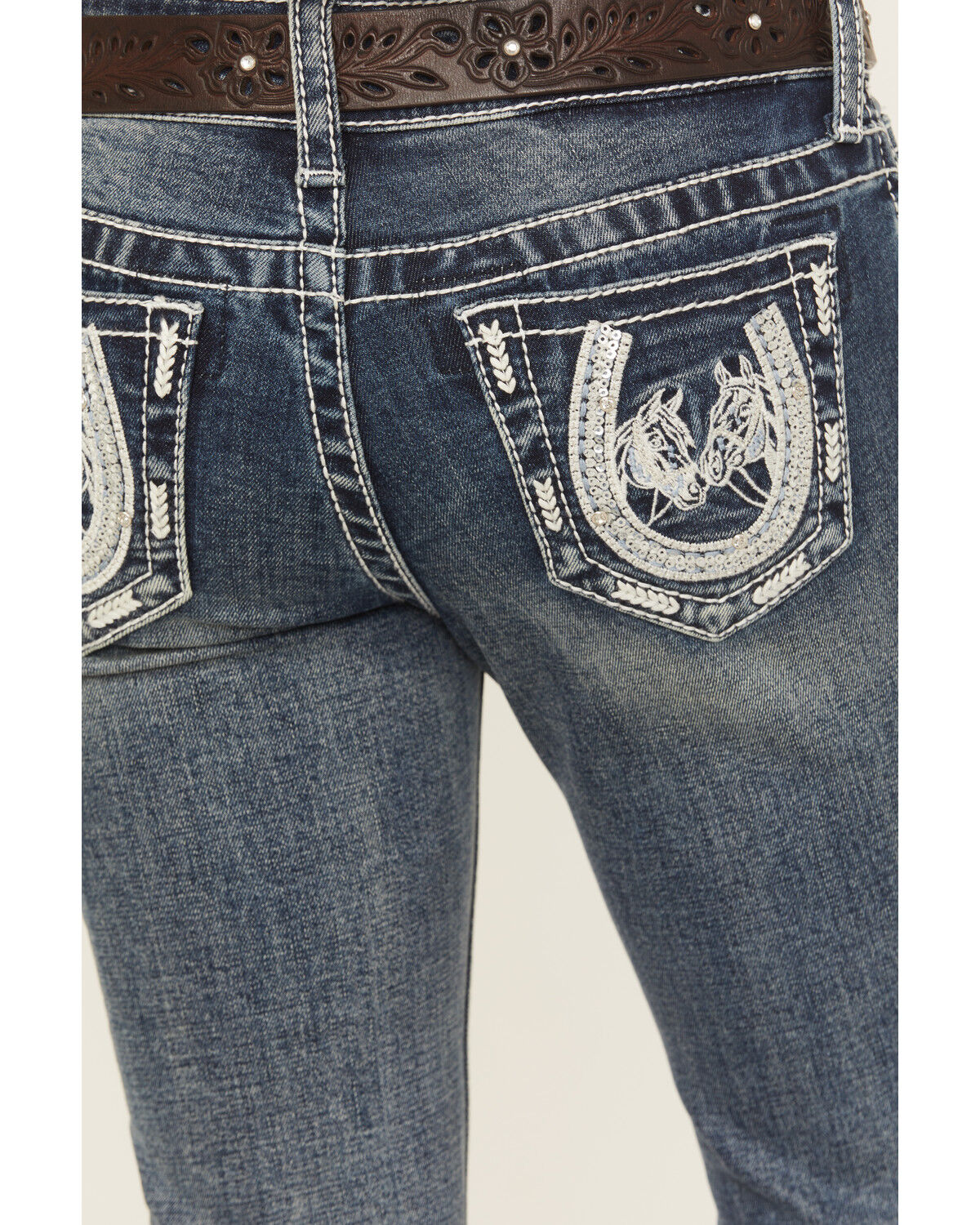 Grace in LA Girls' Medium Wash Horse Pocket Bootcut Stretch Denim Jeans