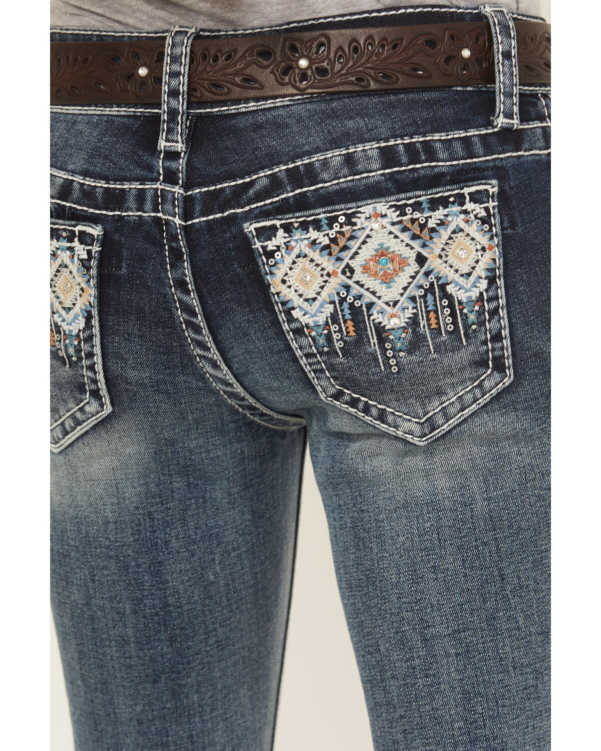 Grace in LA Girls' Medium Wash Geo Diamond Pocket Bootcut Stretch Denim Jeans