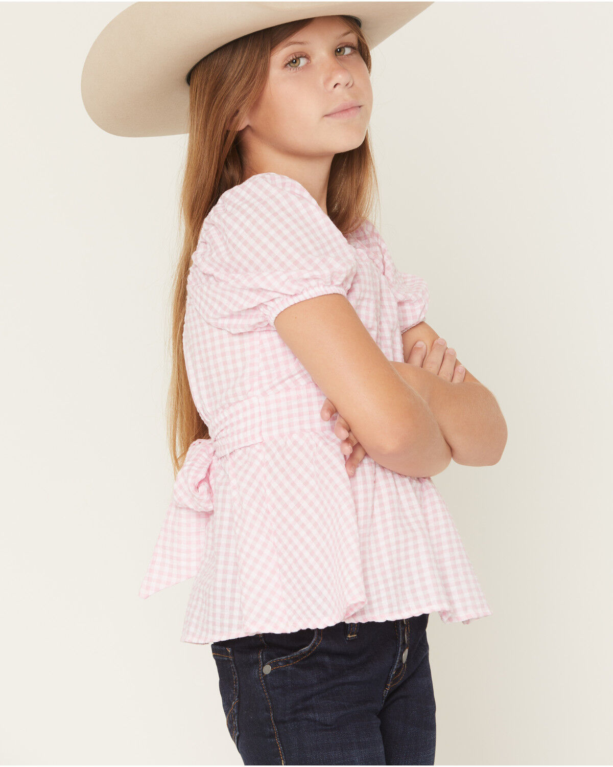 Originality Girls' Emma Gingham Short Puff Sleeve Ruffle Shirt