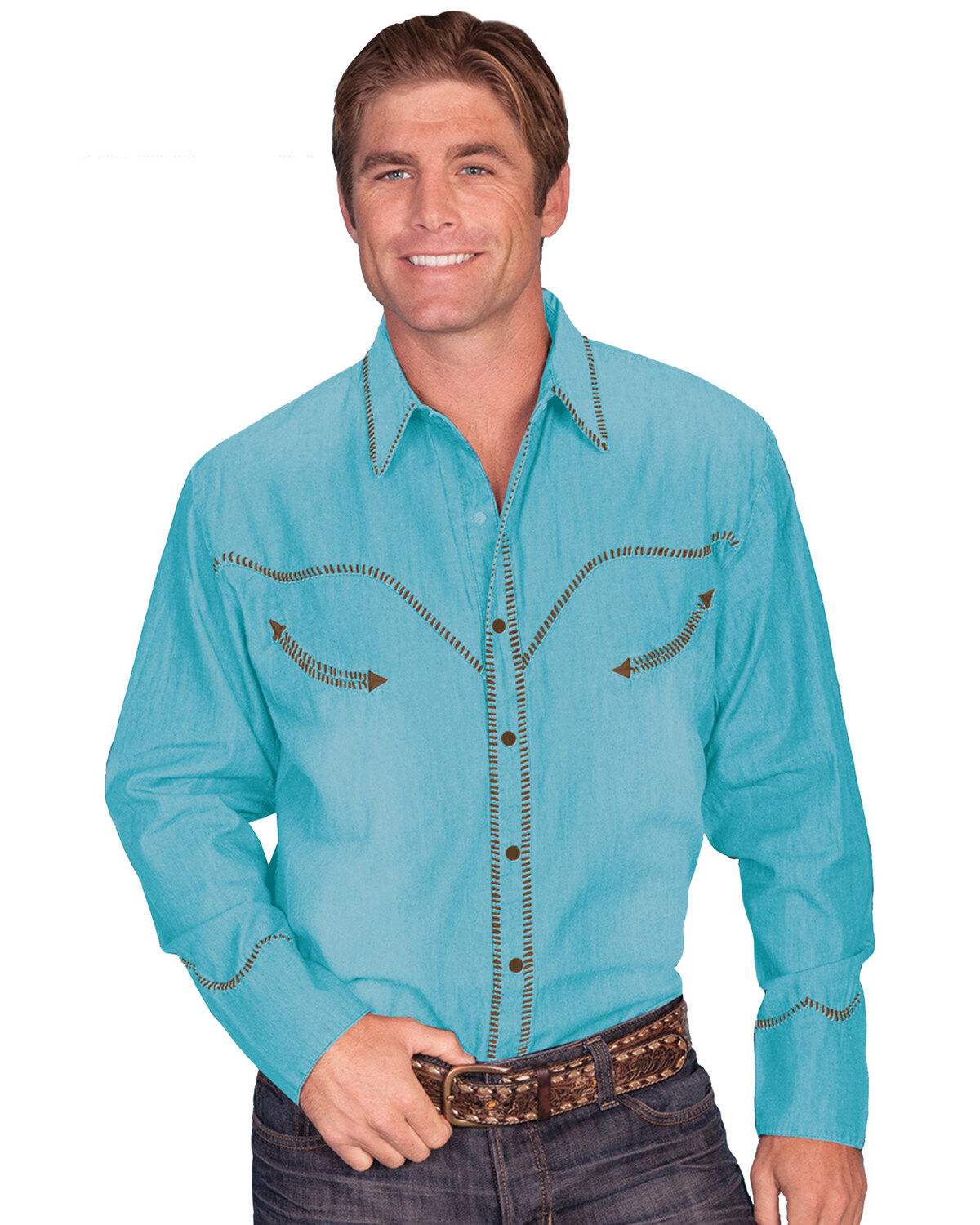 Scully Men's Solid Whipstitch Denim Retro Long Sleeve Western Shirt