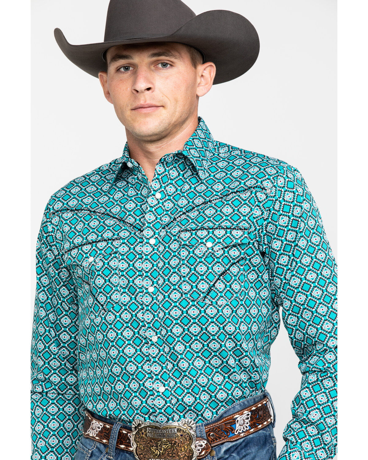 Rock 47 By Wrangler Men's Teal Geo Print Long Sleeve Western Shirt
