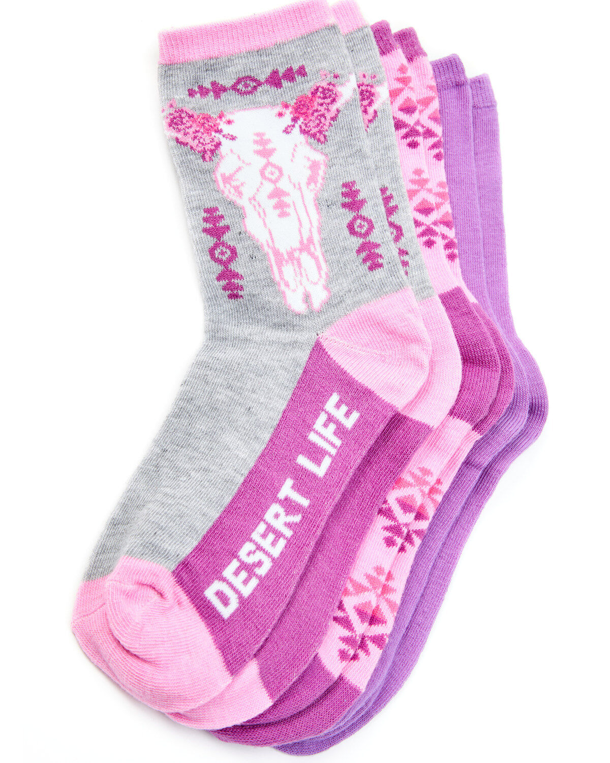 Leg Apparel Kids' 3-Pack Pink & Purple Desert Life Southwestern Longhorn Crew Socks