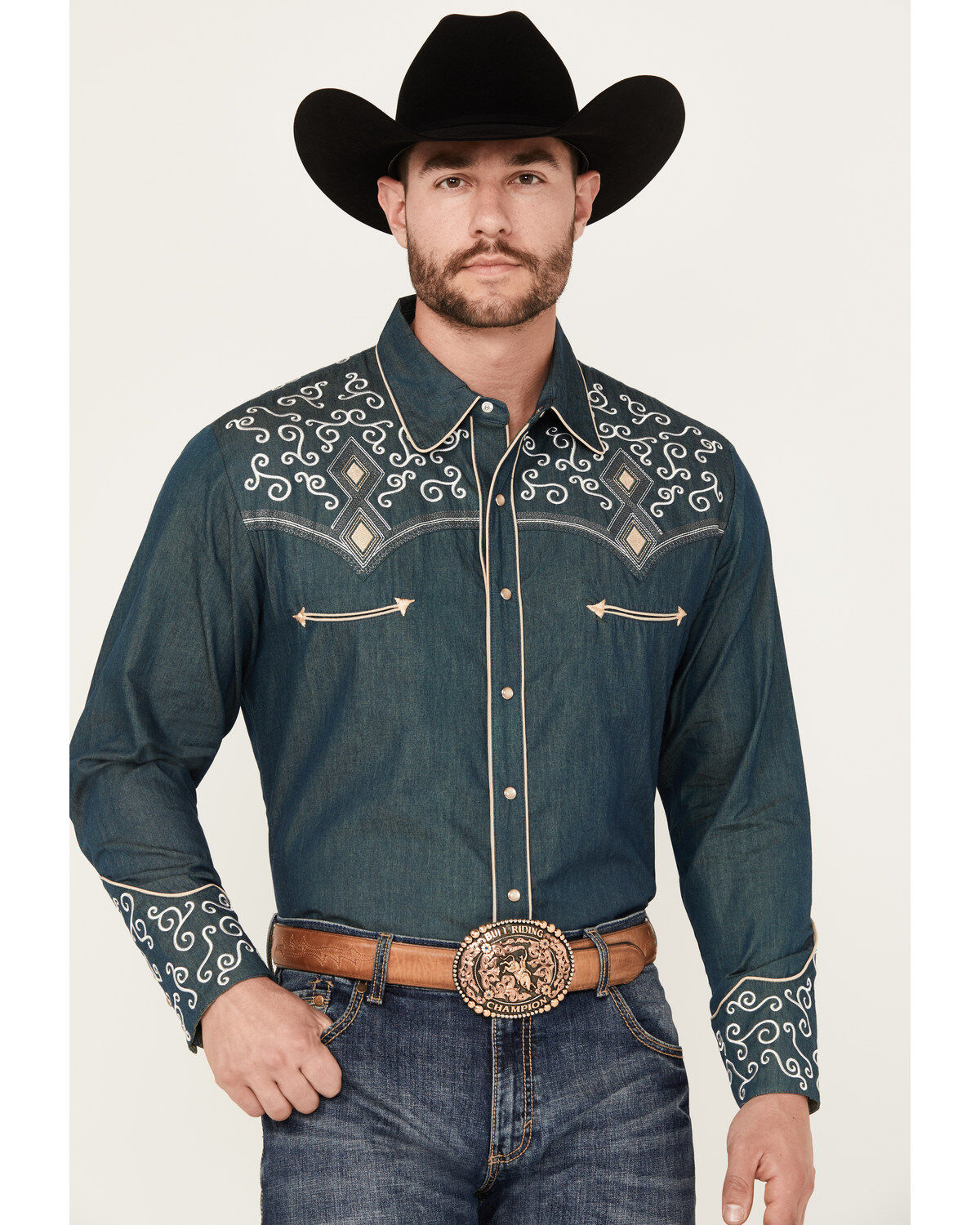 Scully Men's Denim Scroll Embroidered Long Sleeve Pearl Snap Western Shirt