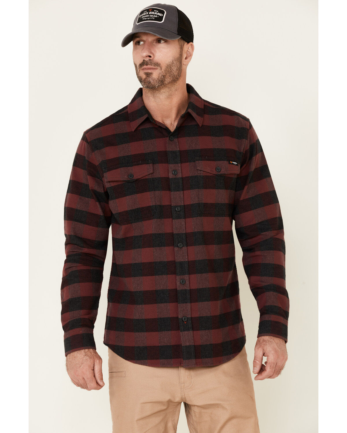 Hawx Men's Dark Red Harris Stretch Plaid Flannel Long Sleeve Button Down Work Shirt